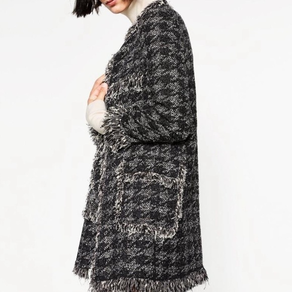 NWT RARE Luxury Classic Minimalist Zara Houndstooth Tweed Fringe Coat/Jacket - Picture 9 of 17